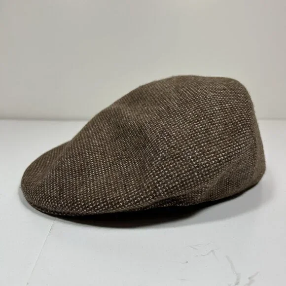 Vtg KANGOL Tweed Wool Flat Newsboy Galway Cap Birdseye Hat Brown Wool England XL